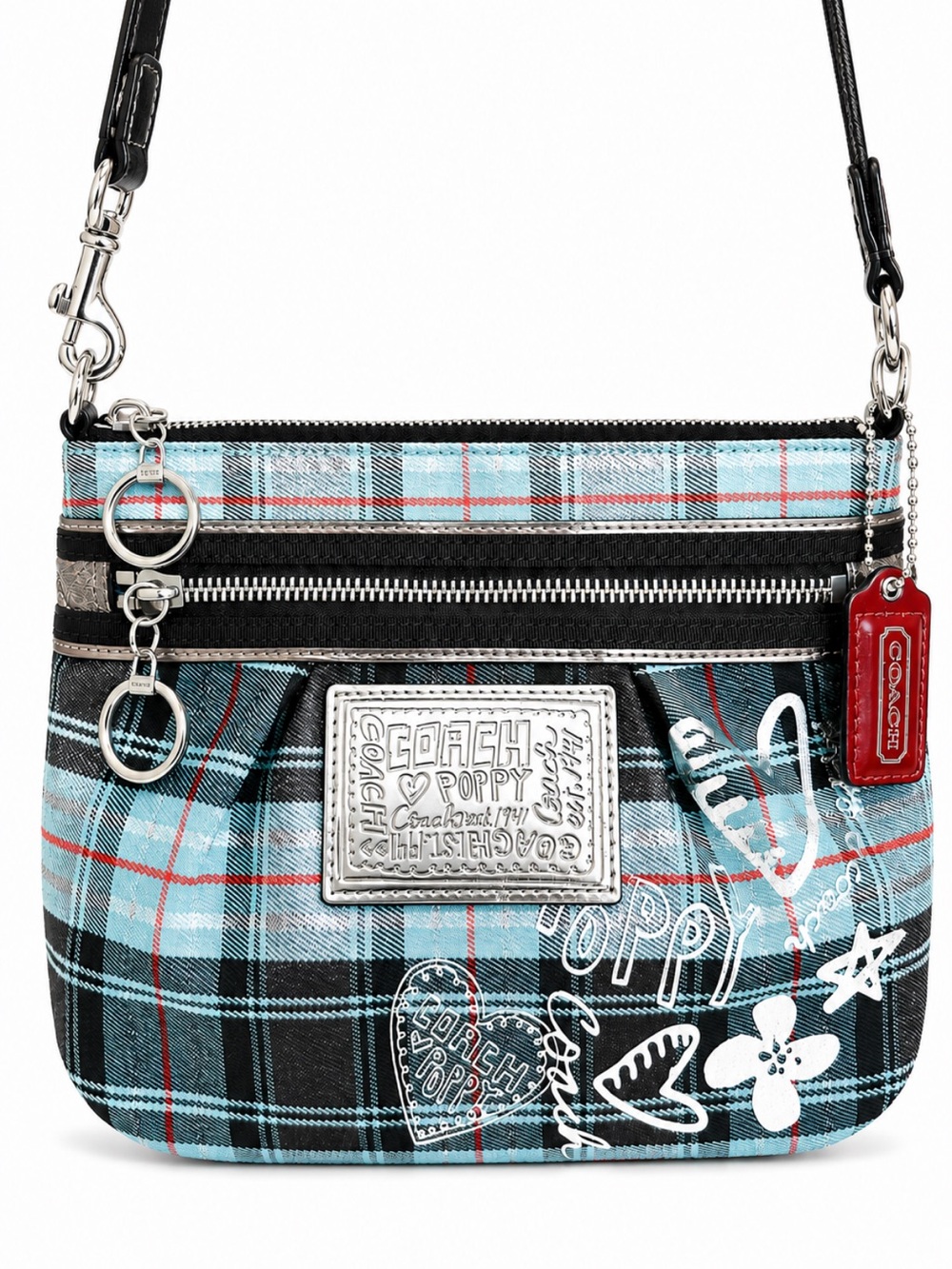 Coach Poppy Tartan Plaid Graffiti Shoulder Bag Aqua Black Silver Glam Pristine